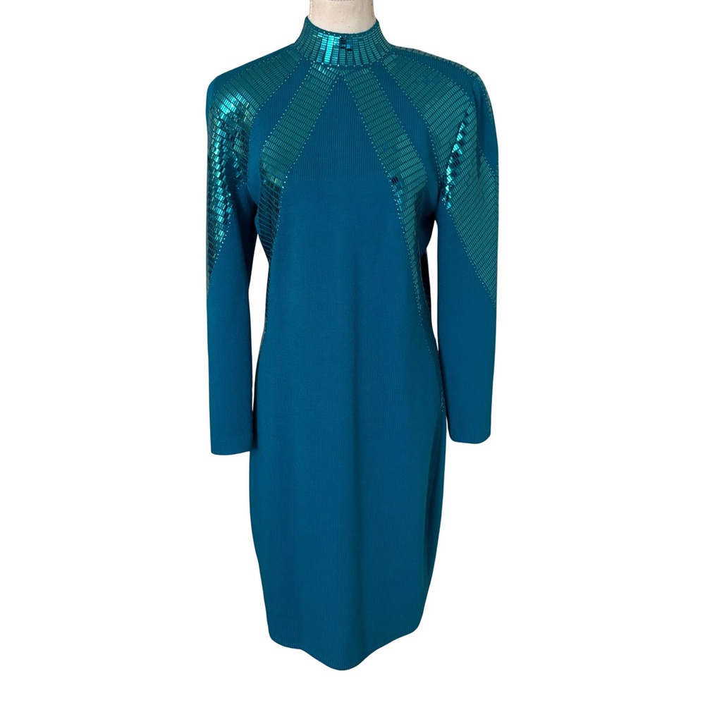 ST JOHN Green Knit Midi Dress Disco Size 8 High Meck vintage Party